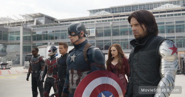 Captain America: Civil War - Publicity still of Anthony Mackie, Paul Rudd, Jeremy Renner, Chris Evans, Elizabeth Olsen & Sebastian Stan Captain America: Civil War - Publicity still of Anthony Mackie, Paul Rudd, Jeremy Renner, Chris Evans, Elizabeth Olsen & Sebastian Stan